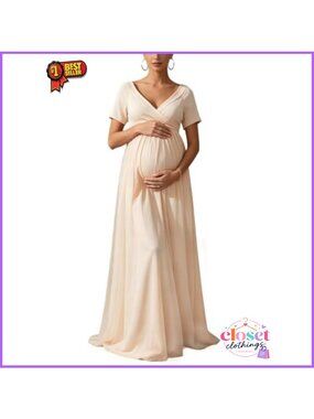 Maternity Maxi Dress Short Sleeve Chiffon Tulle Baby Shower Gown